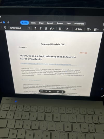 The document on the tablet screen discusses civil liability in French. The heading is "Introduction to the law of extra-contractual civil liability." It explains how civil liability is a branch of the broader law of obligations. It defines extra-contractual civil liability as the legal obligation of the author of the damage to repair it. It includes a question about the definition of an obligation as a duty or legal tie requiring performance. The date at the top right is 22.01.26.
