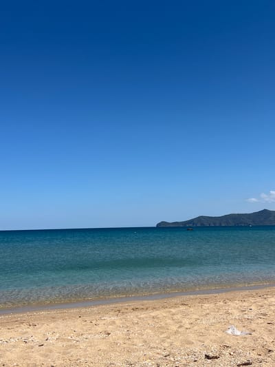 The image depicts a coastal scene in M'Diq, Morocco. The scene shows the beach with sand and some shells, extending into the sea. In the background, there's a mountain range visible. A plastic bag can be seen on the beach. The sky is clear with blue.