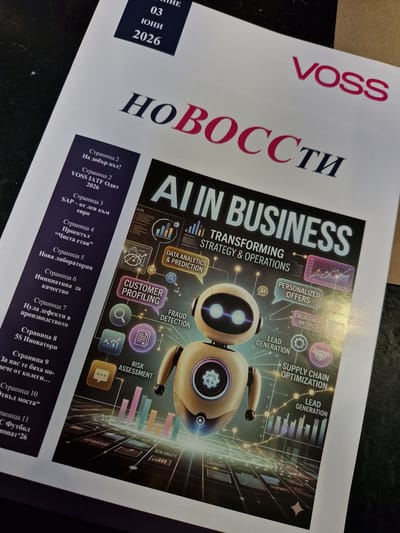 The image shows a close-up of a magazine cover. The magazine is titled "НОВОСТИ" (News) with the subtitle "AI IN BUSINESS TRANSFORMING STRATEGY & OPERATIONS". The date "03 ИЮНИ 2026" (June 3, 2026) is also visible. A stylized robot is depicted in the center of the cover, surrounded by various icons and text related to business and technology, such as "DATA ANALYTICS & PREDICTION", "CUSTOMER PROFILING", "FRAUD DETECTION", "PERSONALIZED OFFERS", "ENGAGEMENT METRICS", "LEAD GENERATION", and "SUPPLY CHAIN OPTIMIZATION". On the left side of the magazine cover, there is a list of article titles with page numbers, in Bulgarian. The magazine cover has a glossy finish and is placed on a dark, textured surface. There is no indication of the city of Bahovitsa, Bulgaria, in the image.