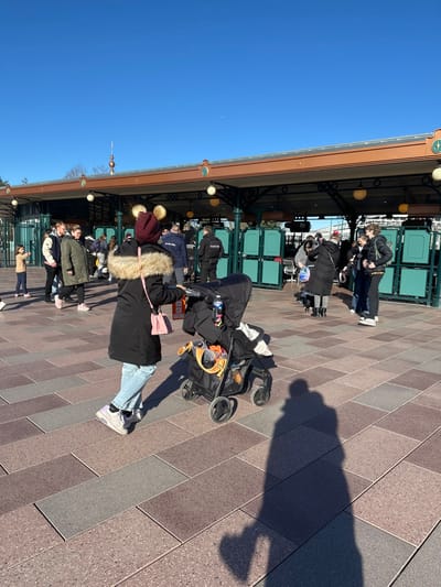 The image displays the entrance area of Disneyland Paris in Chessy, France, under a clear, bright blue sky. In the foreground, an individual is viewed from behind, wearing a black fur-hooded parka, light blue jeans, and light-colored sneakers. A dark red beanie adorned with two spherical, gold-colored Mickey Mouse ear-like attachments sits on their head, and a pink shoulder bag is visible on their left side. This person is pushing a black stroller that contains a partially visible child, a water bottle, and other items. The ground is paved with a pattern of rectangular and square tiles in shades of grey, brown, and reddish-brown.
In the midground, a large, covered entrance structure with an ornate brown roof and dark support pillars extends across the width of the scene. Beneath this structure, multiple green-paneled turnstiles or entry gates are visible. Numerous individuals, including park guests dressed in winter clothing and uniformed personnel, are present near and within these entry lanes, either waiting or passing through. Strong, direct sunlight casts distinct shadows on the pavement, notably a large human shadow extending into the lower right foreground.