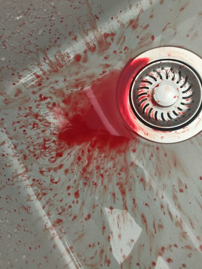 The image shows a close-up of a sink drain with a significant amount of blood splattered around it. The sink appears to be made of a light-colored material, possibly stainless steel or ceramic. The blood is a bright red color and has spread out in a radial pattern from the drain. There are also some larger pools of blood visible. The drain itself is a circular metal grate with a central cap. The surrounding environment is not clearly visible, but the presence of the sink suggests an indoor setting, likely a bathroom or kitchen. There are no people or other subjects visible in the image. The image does not contain any information about the city of Pletena, Bulgaria.