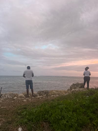 The image shows two people on a rocky coastline at what appears to be dusk or dawn. The sky is overcast with clouds, and the water is calm. One person, wearing a white shirt and dark pants, is standing further along the coastline. The other person, closer to the camera, is wearing a white shirt and blue shorts and appears to be holding a long, thin object. The coastline is covered in vegetation. There is no way to know if this image was taken in the city of Sainte-Anne, France.