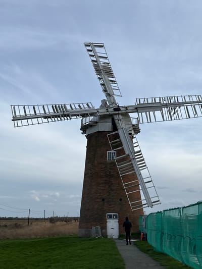 The image displays a tall brick tower windmill, situated in a rural landscape within North Norfolk, United Kingdom, under an overcast sky. The windmill is constructed of reddish-brown brick, topped with a white cap and a surrounding gallery. Four white wooden sails, or sweeps, extend from the cap, with several of their horizontal slats appearing damaged or missing. A white rectangular wooden door is located at the base of the mill, and a single white-framed window is visible on a higher floor. A lone individual, dressed in dark attire, walks on a gravel path leading towards the windmill's door. To the left of the path, a manicured green lawn transitions into a vast field of dry, light-brown reeds or long grass, with utility poles and overhead lines visible in the distance. To the right of the path, a green mesh safety or construction fence runs parallel, receding into the background. Small, metallic barriers are positioned on the grass near the windmill's base, adjacent to the path.
