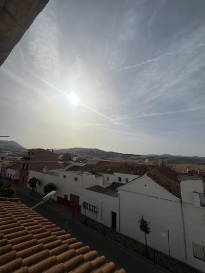 The image is an outdoor, eye-level, daytime view of the town of Villanueva De La Concepción, Spain. The foreground is dominated by the textured, reddish-brown clay roof tiles of a building, angled downwards from left to right. Beyond the roof, a street runs horizontally across the middle ground, lined with buildings on either side. The buildings feature white facades, red tile roofs, and some have exposed brick elements. A streetlamp with a white fixture extends over the road from the right side of the frame. Trees are visible along the street and in front of some of the buildings. In the background, rolling hills with sparse vegetation rise towards a hazy sky. The sun is prominent in the upper left quadrant of the image, emitting a strong lens flare and casting bright light, with thin clouds streaking across the sky.