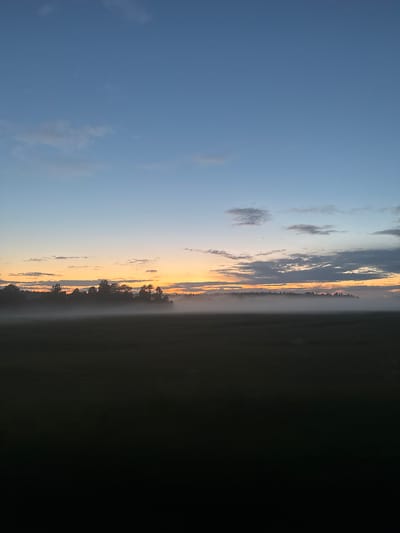 This is a vertical, wide-angle photograph of a rural landscape at dusk, with the sky taking up the upper half of the frame. The sky transitions from a clear, deep blue at the top to lighter shades of blue and then a soft orange and yellow horizon as it meets the earth. Wispy clouds are scattered across the sky, particularly in the middle and lower portions.
The lower half of the image depicts a dark, silhouetted field that fades into blackness towards the bottom. In the middle ground, a dense line of trees forms a dark horizon against the lighter sky. A low-lying mist or fog blankets the ground in front of the trees, obscuring the base of the trees and the field. The overall impression is one of tranquility and natural beauty at the close of day.
There are no people, animals, or specific man-made structures visible in the image. The location is identified as Егорье, Russia.