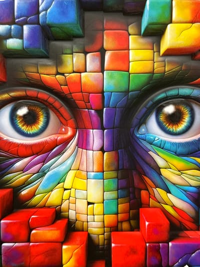This image depicts a close-up of a highly textured, colorful artwork. The artwork features a mosaic-like pattern composed of numerous small, cube-like blocks of varying colors, including vibrant blues, greens, yellows, oranges, reds, purples, and pinks. The blocks are arranged in a three-dimensional, staggered manner, creating a sense of depth and dimension.

Dominating the center of the artwork are two human eyes, rendered with striking realism. The irises are a complex blend of colors, mirroring the mosaic pattern surrounding them, with bright yellows, oranges, blues, and greens radiating from the pupils. The eyelids and surrounding facial features are also integrated into the blocky mosaic.

The artwork appears to be a painting or a sculpture with a painted surface. The lighting accentuates the texture and form of the blocks, casting shadows that enhance the dimensionality. The overall impression is one of abstract art with a surreal, human element. There is no discernible urban environment or specific location within Coquitlam, Canada, visible in this image.
