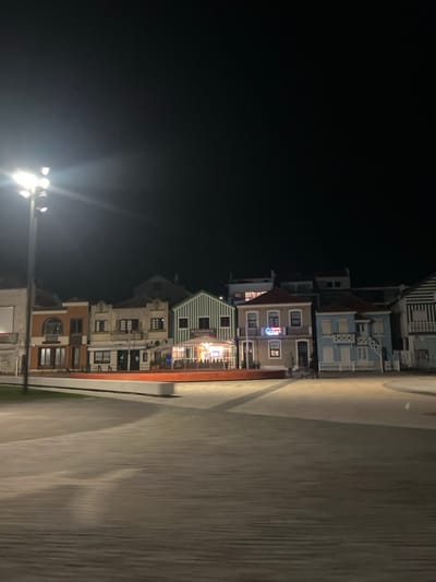 At night, a row of multicolored buildings lines a concrete walkway. A street light illuminates the scene. The buildings vary in architectural style with some having distinct colors and features such as stripes or unique window designs. Restaurant signage is visible on one building. The sky is a dark void.