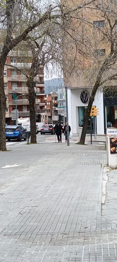The image captures a daytime urban street scene in Sant Cugat del Vallès, Spain. The foreground consists of a wide pedestrian area paved with grey rectangular interlocking pavers arranged in a diagonal pattern.

In the midground, an asphalt street runs across the frame, with a white-striped pedestrian crossing at the center. Two individuals are utilizing this crossing: an older male dressed in a dark hat, dark jacket, and dark trousers, using a walking stick in his right hand, leads a female wearing a dark jacket and jeans, who carries a white bag in her left hand. Their proximity suggests they are walking together.

Vehicular traffic is present on the street; a blue Honda Civic (license plate 7156 JXD) is parked on the left, followed by a white commercial van. A dark Audi SUV is visible further down the road, and other vehicles are partially obscured. A traffic light on the right displays a green signal, while another further down the street shows red. Adjacent to the latter, a white signpost features multiple directional signs, one clearly labeled "Ajuntament" (City Council) and another with a "P" for parking.

On the right side of the street, a white commercial building is visible, featuring a large, dark, circular Volkswagen (VW) logo mounted high on its facade. To the left and in the background, multi-story residential buildings with red brick facades and white-railed balconies dominate the skyline. The scene is framed by several large deciduous trees, mostly bare but showing signs of early leafing, suggesting spring. Distant, hazy blue-grey hills or mountains are visible under a bright, overcast sky in the far background.