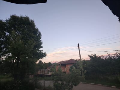 The image depicts a tranquil scene in the village of Borintsi, Bulgaria, likely during the late afternoon or early evening. The sky is a pale gradient of blue to light pink, with wispy clouds suggesting sunset. A large, mature tree with dark green foliage dominates the left side of the frame, its branches extending towards the sky.
In the middle ground, a brick house with a terracotta tiled roof is visible. The house has several windows and a prominent entrance. Adjacent to the house, a flatbed truck with a wooden cargo bed is parked, loaded with what appears to be lumber. The truck has visible wheels and a license plate with Cyrillic characters.
Several utility poles with overhead power lines traverse the upper portion of the image, cutting across the sky. The ground in front of the house features a grey metal fence and overgrown vegetation. A paved road runs along the bottom right edge of the image, bordered by a curb. Lush green trees and bushes surround the property, indicating a rural or semi-rural setting. The overall atmosphere is peaceful and unpopulated, conveying a sense of quiet rural life.