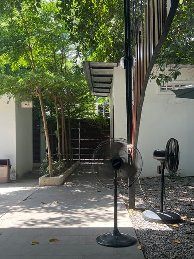 The image depicts an outdoor courtyard area, likely in Siem Reap, Cambodia, characterized by dappled sunlight filtering through lush green trees. In the foreground, two black electric fans are prominently displayed on stands. The fan on the left is larger and bears the "OKURA" brand name. The fan on the right is smaller. The ground is a mix of paved tiles and gravel. Several fallen yellow leaves are scattered across the paving stones.
To the left of the fans, a white wall is visible, with a brown trash bin situated near its base. A sign with "W.C." is attached to the wall. Beyond this wall, a row of slender trees with light-colored bark are planted in a raised planter box. Behind the trees, a dark-colored gate or fence is visible.
In the background, a white building with a corrugated metal roof overhang is present. A vertical wooden structure with alternating dark and light-colored planks stands to the right of the building. The overall impression is that of an outdoor seating or service area, possibly associated with a restaurant or establishment in Siem Reap. No people are visible in the frame.