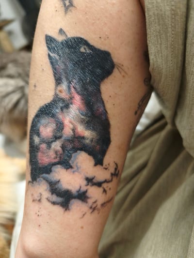 A tattoo of a black cat with cosmic elements is visible on a person's arm. The cat's body appears to be made of dark ink with swirling patterns of red, pink, and blue, suggesting a galaxy or nebulae. The cat is depicted in profile, facing left, with its head raised and ears pricked. Below the cat are abstract shapes that resemble clouds or smoke, rendered in black and gray. The background of the tattoo includes small black dots and faint star-like marks. The person's skin appears lightly tanned and has some texture, with a few small moles visible. A tan, textured fabric is draped over the right side of the image, partially obscuring the arm. The scene is captured in a medium shot, focusing on the tattoo.