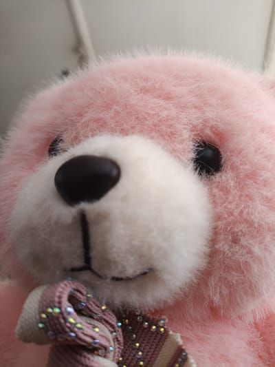 A close-up shot focuses on the face of a pink teddy bear. The bear's fur is soft and fluffy, with a lighter cream-colored muzzle. Its black button eyes are visible, and a dark, heart-shaped nose sits prominently on its snout. Below the nose, a vertical dark line suggests the bear's mouth. The bear is wearing a bow around its neck, made of striped fabric in shades of pink and cream, adorned with small, multicolored iridescent embellishments that catch the light. The background is out of focus, appearing as a soft, muted gray, with hints of vertical lines that might suggest a wall or doorway. The lighting is soft and diffused, casting no harsh shadows. The image evokes a sense of gentle affection and childlike wonder.