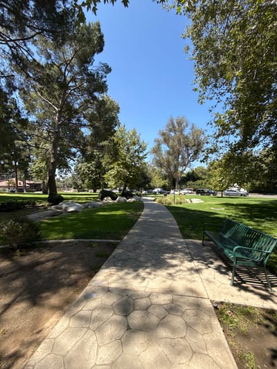 The image shows a paved walkway in Beverly Hills, California, United States of America, leading through a park. The walkway is patterned with irregular shapes, and a green metal bench is situated to the right of the path. Large rocks are scattered on the grassy area to the left of the walkway. In the background, various trees, including tall pine trees, are visible, casting shadows on the ground. Beyond the trees, several vehicles are parked along a street, and residential buildings are partially visible. The sky is clear and blue.