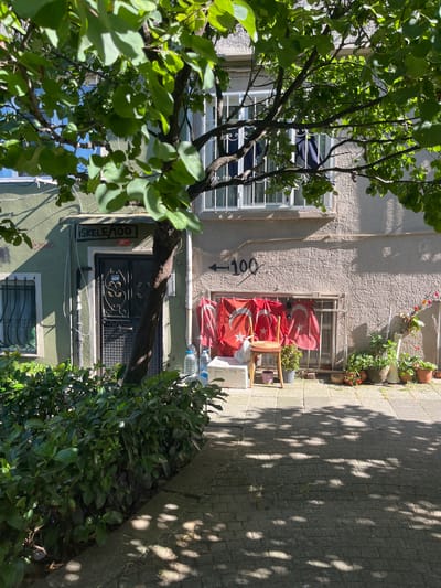In Kadıköy, Turkey, on a sunlit day, a narrow sidewalk is visible in the foreground, paved with grey cobblestones and dappled with tree shadows. To the left, a dense green hedge lines the sidewalk, partially obscuring the lower part of a building.
The building, situated behind the hedge and a tree, has a light green facade on the left and a textured, cream-colored facade on the right. The left section features a window with a metal grate and a dark metal door adorned with decorative patterns. Above the door, a sign reads "İSKELE/100" with a smaller red number "16" below it. To the right of the door, a black arrow points towards the number "100" painted on the cream-colored wall.
The cream-colored section of the building has a large window with a metal grate, behind which dark fabric is visible. In front of this window, several Turkish flags with red backgrounds and white stars and crescents are displayed, hanging from a horizontal bar. A simple wooden chair with a woven seat is placed in front of the flags, and next to it are two plastic water bottles and a white rectangular object.
Further to the right, a collection of potted plants with red and green foliage, as well as a white vase with flowers, are arranged along the base of the building. The scene suggests a residential area, with decorative elements and everyday objects arranged outside.