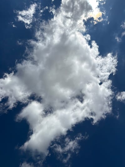 A low-angle, vertical, full-frame shot captures a deep blue sky filled with a variety of clouds. A large, dense cumulus cloud dominates the center of the frame, its white mass displaying varying shades of gray, indicating significant depth. To the upper right, a cluster of smaller, wispy clouds is illuminated by the sun, which is partially visible through the haze, casting a yellowish-orange glow. The rest of the sky is a rich, dark blue, with more scattered, thin clouds appearing as white streaks in the upper left and lower sections of the image. The scene is devoid of any human presence, structures, or discernible geographical features, offering a pure vista of the sky.