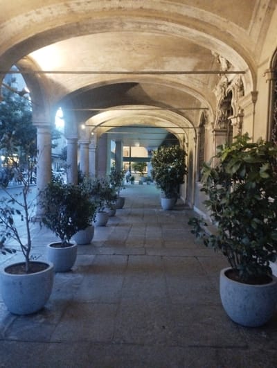 This image depicts a long, arched stone arcade that runs along a building. Several large potted plants are placed in a line along the walkway, with lush green foliage. The arcade is illuminated by artificial lights, casting a warm glow on the stone arches and the floor. The paving stones are large and rectangular, laid in a patterned arrangement. In the background, through the arches, a street scene is visible with trees, buildings, and some distant figures. The overall impression is one of an elegant, covered pedestrian walkway in an urban setting. This scene is characteristic of the Piazza della Riforma in Lugano, Switzerland, a central public square known for its arcaded buildings and urban amenities.