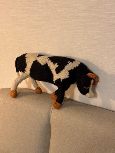 A knitted cow toy, primarily black and white with tan hooves, horns, and muzzle details, is positioned on the light beige backrest of a fabric sofa. The toy faces right, with its head lowered towards the sofa's surface. The background consists of a plain, light-colored textured wall. No individuals are present in the scene. The specific location is Zelenogradskiy, Russia.