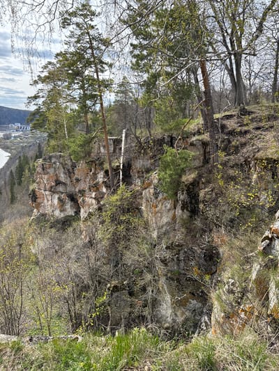 This image presents a panoramic view of a natural, rocky landscape, likely a hillside or cliffside, overlooking a body of water and a distant settlement. The scene is dominated by a mix of deciduous trees, many still bare with some showing early spring buds, and coniferous trees with green needles. Exposed rock formations and cliff faces, exhibiting various shades of grey, brown, and black from moss and lichen, are prominent throughout the foreground and midground. Some shrubs with bright yellow blossoms or early foliage are also visible, indicating the season is early spring.
In the distance, a calm body of water, possibly a river or reservoir, stretches across the lower part of the frame, reflecting the cloudy sky. Along the far bank of the water, a cluster of buildings forms a settlement or town, characterized by some distinct white structures and other industrial-looking elements. The sky above is partially cloudy, suggesting a daytime setting, possibly late morning or early afternoon, with diffused natural light.
There are no people or specific activities depicted, emphasizing the serene and untouched natural beauty of the area. The image provides a tranquil glimpse of the landscape near Pavlovka, Russia, showcasing the transition from winter to spring. No visible text is present within the image.