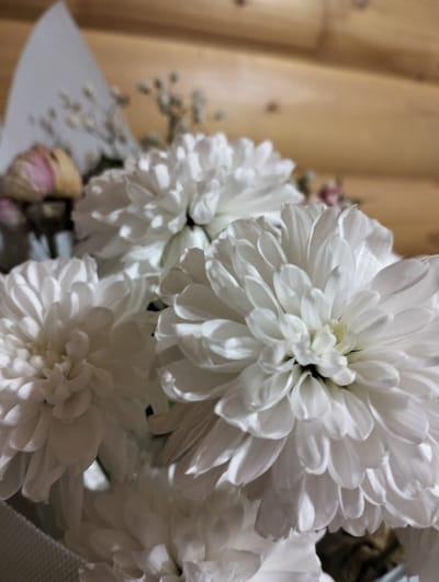 A close-up shot displays a bouquet of white chrysanthemums in front of a background of wooden planks, likely paneling. The flowers are the primary focus, with their tightly packed petals and soft texture. In the background, a hint of dried flowers and baby's breath, along with a white paper wrapping, are visible. The location is stated as Krykhivtsi, Ukraine, though there is no visible evidence to support this statement within the image.