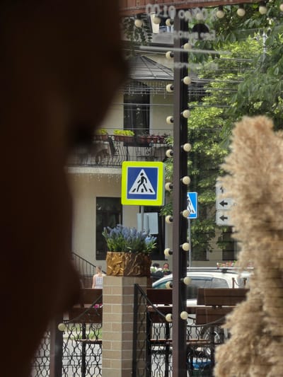 The image captures a street scene in Pyatigorsk, Russia, as viewed through a glass surface, possibly a window or a display case, with a blurred foreground element suggesting the perspective is from inside a cafe or shop. A pedestrian crossing sign, a blue square with a white border and a white silhouette of a person walking, is prominently displayed on the right side of the frame. To the right of the pedestrian crossing sign, there are three rectangular white signs with black arrows pointing left, indicating directions.
In the background, a building with light-colored walls and balconies can be seen. On one of the balconies, plants are visible. A young person wearing a light-colored dress is walking on stairs leading up to the building. Further in the background, lush green trees and foliage are abundant, suggesting a pleasant outdoor environment. A white car is parked in front of the building. The scene appears to be set during daylight hours.