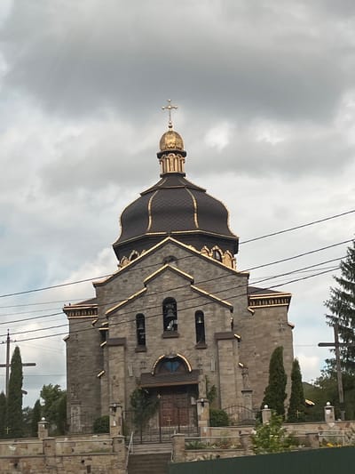 The image depicts the Holy Trinity Church located in Hrabovets, Ukraine. It shows the exterior of the stone church, with a black domed roof topped with a golden cross. Power lines run in front of the building. The sky is overcast. There are trees and decorative landscaping elements visible around the church. A portion of a fence is visible on the right-hand side of the frame.