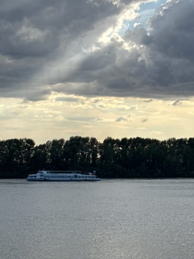 This is a vertical, low-angle, outdoor shot of a river with a boat and trees. The sky is filled with dramatic clouds, some dark and stormy, others bright and illuminated by the sun, suggesting it's either dawn or dusk. The sun's rays are breaking through the clouds, creating a dynamic and somewhat ominous atmosphere. On the right side of the frame, a dense line of dark green trees runs along the riverbank, their leaves creating a textured silhouette against the bright sky. In the water, close to the trees, a long, white passenger boat is visible. It appears to be moving slowly or is docked, with multiple decks and windows. The water itself is a muted silver-grey, reflecting the sky and giving a sense of calm despite the turbulent clouds. The overall impression is one of natural beauty and serene movement on the water, with the dramatic sky adding a touch of drama. There is no visible text in the image. The scene evokes a sense of peaceful journey or quiet observation in nature.