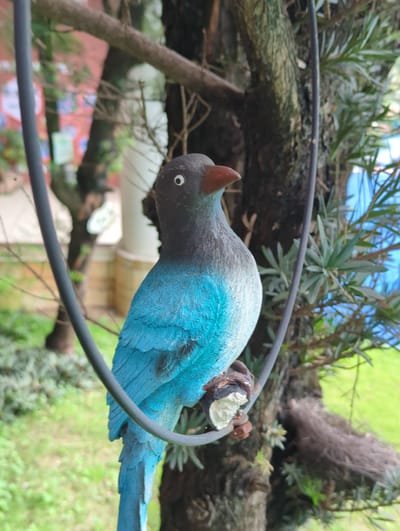 A low-angle, close-up shot depicts a weathered, turquoise-blue bird ornament suspended from a gray metal hoop. The bird's head is black with a small, red horn-like projection above its eye. The setting includes tree branches with dense, green foliage. The background features indistinct greenery, suggesting an outdoor or garden setting. The exact location in Shunde District, China, is not identifiable from the image.