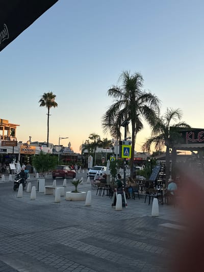 The image depicts an outdoor scene, likely a pedestrian walkway or a street lined with businesses. The time of day appears to be late afternoon or early evening, as indicated by the soft, warm light and the clear, pale blue sky with a hint of sunset colors.
Several palm trees are visible, contributing to a tropical or Mediterranean ambiance, which is consistent with the provided location context of Peyia, Cyprus. The ground is paved with interlocking gray tiles, and there are white planters and bollards lining the walkway, suggesting a well-maintained public space.
The scene is populated with a few people, some seated at outdoor tables and chairs, presumably at cafes or restaurants. There are also vehicles, including cars and a motorcycle, parked or driving along the street. The overall atmosphere seems relaxed and casual, with people enjoying the outdoor environment.
Visible text includes a sign with the word "KLE" in large, stylized letters. Another sign displays "DIONYSOS" with smaller text below it. There are also traffic signs, including a pedestrian crossing sign. A black umbrella with the white Coca-Cola logo is partially visible in the lower left corner. The presence of these businesses and brands suggests a commercial area.