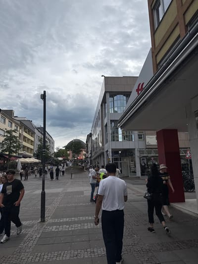 The image captures the Schulstraße/Schustergasse pedestrian zone in Darmstadt, Germany, looking north towards the Ludwigskirche, under an overcast sky. The sky is a uniform light grey with dense cloud cover.

The ground is paved with large grey rectangular slabs interspersed with sections of smaller dark grey cobblestones, forming a patterned surface. Numerous pedestrians of varied demographics traverse the street in both directions. In the immediate left foreground, a male with dark hair, wearing a black t-shirt and dark pants, walks towards the viewer with his left hand in his pocket. A female is partially visible to his left. In the center, a male in a white t-shirt and dark pants walks away from the viewer. On the right, a female in dark clothing with a black shoulder bag walks away, while an individual in a striped shirt and light bucket hat walks towards the left.

Multi-story buildings frame both sides of the street. On the left, structures exhibit varied architectural styles; one building features "PEPPERONIMUSIC" written vertically on its facade, and outdoor seating areas with umbrellas are present. On the right, modern buildings are visible. A red H&M logo is partially visible on an upper section of a building, and a "HAARTREFF" sign identifies a ground-floor business. Another sign, "EINRICHTUNGS SACHE," is partially legible further down. Bicycles are parked near the buildings on the right, and a red rectangular pillar stands in the far right foreground.

A tall black lamppost or utility pole with attached equipment stands prominently in the middle-left section of the pedestrian area. Sparse trees provide minimal foliage. In the distant background, at the terminus of the street and upon a gentle incline, the dark grey dome of the Ludwigskirche, surmounted by a cross, is clearly visible. The scene is illuminated by diffused, soft light characteristic of heavy overcast conditions.