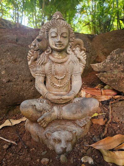 A stone statue of a multi-armed deity, possibly Shiva, is seated in a meditative pose on a stone base that appears to be carved into the form of a reclining animal. The statue is positioned outdoors, surrounded by rough-hewn rocks and loose soil. Dry leaves are scattered on the ground around the statue, and in the background, a dense growth of green foliage and trees is visible, with sunlight filtering through the leaves. The statue exhibits a weathered appearance, suggesting it has been exposed to the elements. The setting suggests a natural or garden environment.
