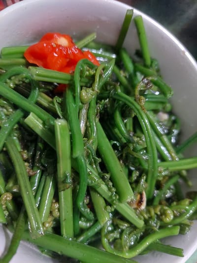 A close-up, overhead shot shows a bowl filled with cooked fiddleheads and a few pieces of red chili pepper. The fiddleheads are green and coiled, with some appearing slightly wilted. The chili pepper pieces are bright red and chopped. The food is presented in a white bowl, with the rim of the bowl visible at the top and right edges of the image. The lighting is dim, creating reflections on the glossy surface of the vegetables. There is no visible environmental context to indicate a specific location in the city of Jelutung, Indonesia. The image focuses solely on the prepared dish.