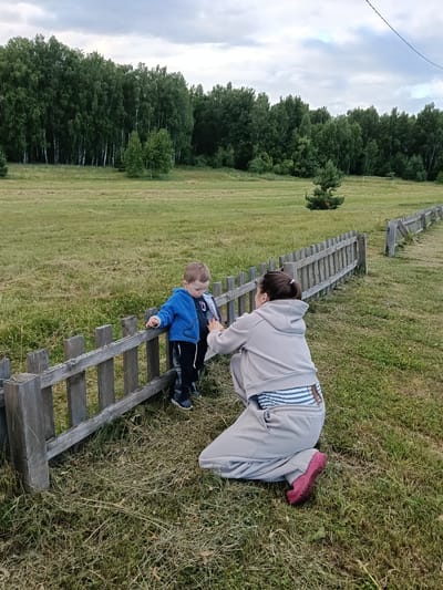 In Smolino, Russia, a young boy wearing a blue hooded jacket and black pants stands by a weathered wooden fence, leaning on it with his hands. A woman, dressed in a light gray tracksuit and a striped t-shirt, kneels beside him on the grass, appearing to adjust his clothing. She wears pink shoes. The scene is set in a grassy field with a dense forest of birch trees in the background. The sky is overcast, suggesting a cloudy day, possibly late afternoon or early evening. A thin power line stretches across the upper right portion of the frame, and a small pine tree stands in the middle ground. A longer section of the wooden fence extends into the distance on the right. The overall impression is a casual, outdoor moment between a child and an adult in a rural setting.