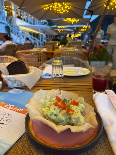 This is a close-up, eye-level shot of a table at an outdoor dining establishment in Zhukovka, Russia. In the foreground, a pink-rimmed, dark-rimmed bowl holds a serving of what appears to be seafood salad, a light green creamy mixture topped with bright red roe, presented on a piece of fried dough. Next to the bowl are a white napkin and a pink and white packaged item, possibly a sweetener or wipe. To the left of the bowl is a menu with a blue and white cover featuring cartoonish drawings and the word "Menu" in orange lettering. The table itself is made of horizontal wooden planks. In the mid-ground, a glass of dark red liquid, a white napkin, a plate, and a glass of water are visible. Behind the table, wicker chairs and more tables are set up, some with patrons seated. The background reveals an outdoor seating area with umbrellas providing shade, decorated with numerous strings of yellow fairy lights. A white building with stairs and railings is visible in the upper left, also adorned with lights. People are dimly visible in the background, enjoying their meal under the ambient lighting of the establishment.