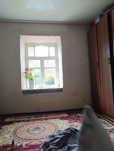 The image depicts an interior scene, likely a room in a residential dwelling. Dominating the frame is a large window with multiple panes, through which daylight illuminates the room. The window is set into a textured, light-colored wall. On the windowsill, a small potted plant with red and green foliage is visible. To the right of the window, a tall, wooden wardrobe with two doors stands against the wall. The floor is covered by a patterned rug, predominantly red and cream, with an ornate circular design in the center. In the foreground, a blurry object, possibly a person's hand or arm, partially obscures the view of the rug and floor. Piled on the rug are several pieces of clothing. The overall impression is one of a lived-in space, possibly with a rustic or older aesthetic. The image does not provide specific clues to pinpoint its location within Kara-Dıykan, Kyrgyzstan, but it suggests a domestic environment.