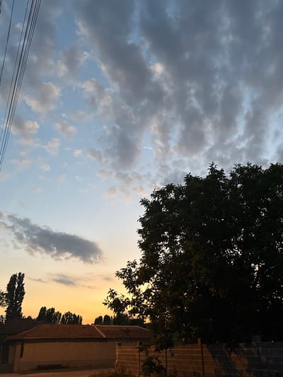 This image captures a dusky sky over a residential area in Topolchane, Bulgaria. The sky is a canvas of dramatic clouds, with dark gray formations mingling with lighter, more wispy white clouds against a pale blue backdrop. Towards the right side of the frame, the sky transitions into a warm gradient of yellow and orange, indicating the sun is either setting or has recently set.
Dominating the top right and extending into the center is the dark silhouette of a large tree, its leaves dense and largely obscuring the sky behind it. The tree's branches are visible against the lighter parts of the sky.
Below the tree and stretching across the lower right portion of the image is the roofline of a building. The roof appears to be made of terracotta tiles, and the facade of the building is visible, textured and light in color. Further to the right, a more modern-looking structure with vertical elements, possibly a fence or a wall, is discernible. A line of trees forms a dark band along the horizon, silhouetted against the colorful sky. In the lower left, a series of dark power lines stretch across the frame, suggesting the presence of infrastructure in the vicinity.
The overall impression is one of a peaceful, late afternoon or early evening. The clouds suggest a dynamic weather condition, while the warm hues of the sky evoke a sense of calm and the end of a day. No people or specific activities are visible, and there is no discernible text in the image. The combination of natural elements like the sky and tree with the man-made structures points to a suburban or semi-rural setting.