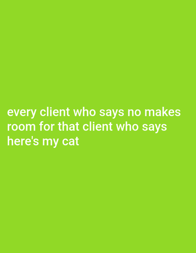 The image displays white text on a bright green background. The text reads: "every client who says no makes room for that client who says here's my cat". There are no people, objects, or environmental features visible in the image, and no location in Takau, Nigeria can be inferred.