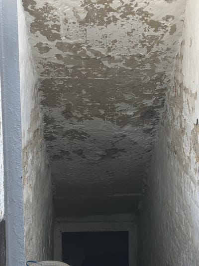 The image shows a dilapidated, narrow passage, possibly a basement or an underpass, in Luka, Ukraine. The ceiling and walls exhibit severe peeling paint and plaster, revealing the rough concrete or brickwork beneath. The passage recedes into darkness, suggesting it leads to an interior space or an exit. On the left side, a painted wall in a light gray color is visible, contrasting with the worn textures of the passage. A light blue bucket is partially visible in the bottom left corner. The overall impression is one of neglect and decay.