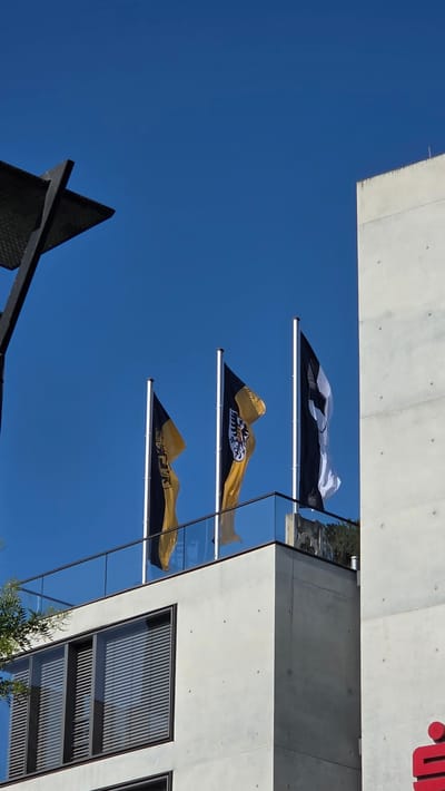 This image captures a section of the Sparkasse Ulm headquarters in Ulm, Germany, under a clear blue sky. The modern concrete building features large windows with louvers. On a rooftop terrace, three flags are prominently displayed. Two flags feature a design of black and yellow stripes with a coat of arms, while the third flag is black and white with a cross-like emblem. A portion of a black metal structure is visible in the upper left quadrant of the image.