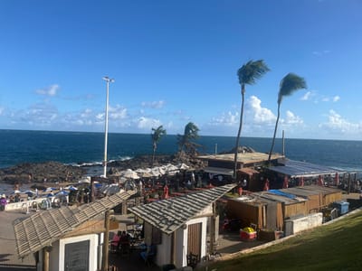 The image displays a vibrant coastal recreational area identified as Praia do Buracão in Salvador, Bahia, Brazil, under a bright blue sky with scattered cumulus clouds. The dark blue ocean, exhibiting whitecap waves, forms the background. A rocky shoreline is prominent on the left and center-left, with individuals visible wading and swimming in natural pools.
In the mid-ground, a sandy and rocky beach is populated by numerous people relaxing on lounge chairs under white and blue striped umbrellas. Adjacent to the beach, a cluster of informal, single-story establishments constructed from wood and corrugated materials feature outdoor dining areas shaded by multiple white and orange/red umbrellas. A tall, white lamppost with multiple light fixtures stands vertically to the left of the central establishments, displaying a sign indicating "CAFETERIA" with an arrow pointing left.
Several tall palm trees, their fronds visibly bent by wind, are interspersed throughout the scene, particularly to the right of the lamppost and above the main establishments. The immediate foreground on the right presents a neatly maintained grassy slope. In the bottom-left foreground, two small, single-story structures with ridged roofs and dark-colored doors are visible. People are present throughout the various sections of the scene, engaged in leisure activities.