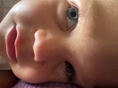 This media file is a close-up, high-angle shot of a young child's face, with the camera angled from above and to the side, focusing on their left eye and lips. The child appears to be lying down, possibly on a purple, textured surface, with their head tilted.
The child has fair skin, blonde hair, and light-colored eyes with dark pupils. The lighting suggests an indoor setting, likely during the daytime, as there are no strong shadows or indications of artificial light. The close-up nature of the image emphasizes the texture of the child's skin and the details of their features, such as eyelashes and the subtle contours of their face.
The child's expression is neutral, and their gaze is directed upwards and slightly to the right. The prominent features are the left eye, which is open and appears to be looking at something outside the frame, and the slightly parted lips. The background is mostly out of focus, with a hint of a dark, indistinct area on the left.
There is no visible text in the image. The context of Saint-Claude, France, does not provide any direct visual cues within the image itself.