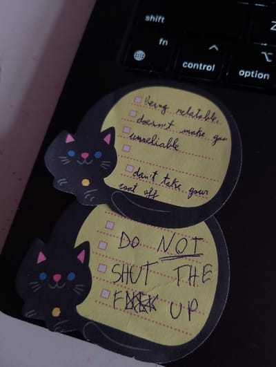 The image displays two distinct, layered, black cat-shaped notes positioned on a black laptop keyboard. The visible keys include "shift," "fn," "control," and "option." A faint pink surface is visible in the upper left background.

The upper note, shaped like a black cat with blue eyes, a pink nose, pink inner ears, and a yellow chest dot, features a yellow background with faint red dotted lines and square checkboxes. Handwritten in black ink, the text reads: "☐ being relatable," "☐ doesn't make you," "☐ unreliable," and "☐ don't take your coat off" (with "coat off" partially visible).

The lower, larger note, similarly shaped as a black cat with blue eyes, a pink nose, pink inner ears, and a yellow chest dot, also has a yellow background with faint red dotted lines and checkboxes. Handwritten in black ink, the text states: "☐ Do NOT" (with "NOT" underlined), "☐ SHUT THE," and "☐ FUCK UP" (where the word "FUCK" appears with a strikethrough and subsequent double cross-out).

The scene is situated in Porto Alegre, Brazil.