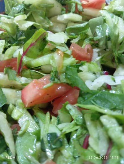 The image displays a close-up, overhead view of a fresh salad. The salad appears to be composed of chopped lettuce, tomatoes, and cucumbers, with some visible red-stemmed greens, possibly chard. The ingredients are glistening, suggesting they may be dressed or recently washed. The lighting is bright, with reflections visible on the wet surfaces of the vegetables. The bottom left corner of the image shows "REDMI 12" and the bottom right corner shows a date and time stamp: "22.06.2026 11:43". There is no discernible indication of the location being Smila, Ukraine, or any other specific geographic location within the image itself.