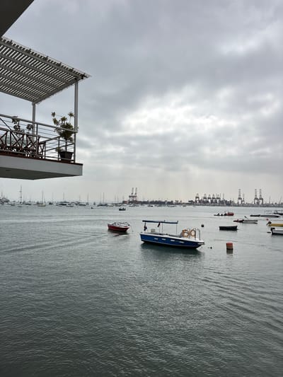 This image depicts a harbor scene in La Punta, Peru, under an overcast sky. In the foreground, a portion of a modern structure with a slatted roof and railings is visible, with some potted plants on a balcony. The main subject is the bay, dotted with numerous boats of various sizes. A prominent blue and white boat with yellow life preservers is positioned in the mid-ground, alongside a small red boat. Further in the distance, a dense collection of industrial cranes and structures suggests a port or industrial area. The water is calm, with subtle ripples indicating a gentle breeze. The weather appears to be cloudy and cool, typical of a morning or late afternoon in this region. The overall mood is serene, with a focus on the maritime activity and the industrial backdrop. There is no visible text in the image.