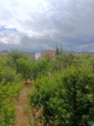 The image captures a view of apartment buildings and lush green trees under a cloudy sky. In the background, several multi-story apartment buildings are visible, some with balconies and windows. The buildings appear to be of Soviet-era architecture, with some featuring a pastel pink and beige facade and others a lighter beige with white window frames. Tall, slender trees, characteristic of poplar trees, rise above the other foliage, their spiky tops reaching towards the sky.
In the foreground and midground, dense green trees and bushes dominate the scene. The foliage is thick and vibrant, suggesting a temperate climate during the warmer months. Some of the trees appear to be fruit-bearing, with smaller leaves and branches. A dry, dusty pathway or clearing is visible between some of the trees in the foreground. A rustic lamppost with a broken or weathered fixture stands on a wooden pole, adding a touch of rural decay to the otherwise urban setting. The sky is filled with a mix of light and dark grey clouds, with hints of blue sky peeking through in places, indicating potentially overcast or stormy weather. The overall impression is one of an urban environment interspersed with significant natural greenery, typical of residential areas in many Russian cities.