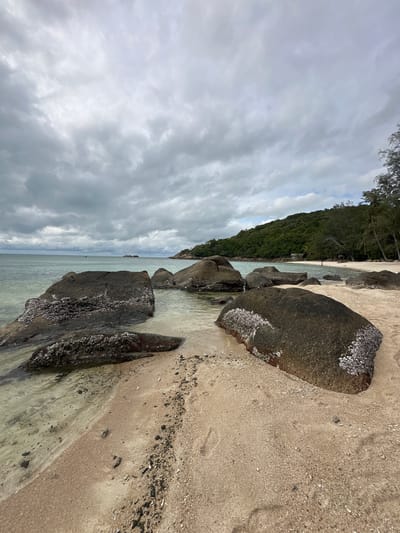 This is an eye-level, wide-angle shot of a beach on Ko Pha-ngan District, Thailand. The scene is dominated by large, dark rocks covered in barnacles, which are scattered across the tan sand and partially submerged in the clear, shallow ocean water. The water recedes from the foreground, revealing more rocks and a sandy bottom. In the distance, the ocean stretches to the horizon under a cloudy, overcast sky. A lush, green, tree-covered hill forms the backdrop to the beach, with a few scattered palm trees visible closer to the shore. A small, dark boat is visible in the far distance on the water. One person, wearing a pink outfit, can be seen standing near the water's edge in the middle ground, to the right of the frame.
