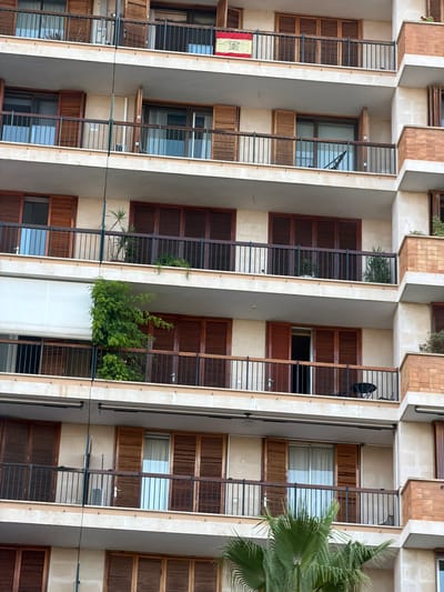 The image shows the facade of a multi-story building in Palma de Mallorca, Spain. The building features balconies with dark metal railings on each level. The windows on the balconies are adorned with wooden shutters, some of which are open, revealing glass panes. Several balconies have potted plants, and one balcony on an upper floor displays a Spanish flag. The building's exterior is constructed with light-colored stone. The scene is an outdoor urban environment, with a palm frond visible in the foreground, suggesting a Mediterranean climate. There are no people visible in the image.