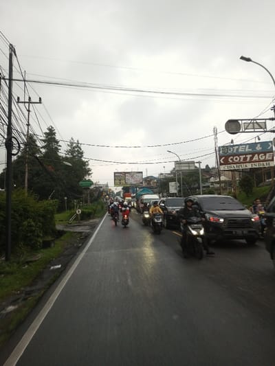 The image depicts a congested roadway under an overcast sky, with the asphalt surface appearing wet, indicating recent precipitation or high humidity. The scene is identified as Dawathang_Dorjibi_ Kashingtsawa, Bhutan, although a prominent commercial sign within the frame reads "HOTEL & COTTAGE CISARUA INDAH", which is geographically associated with Indonesia.

**Environment:**
The sky is uniformly grey and cloudy. On the left side of the two-lane road, dense green foliage, including bushes and tall trees, lines the roadside. A utility pole heavily laden with numerous tangled black electrical wires stands prominently on the left. The road itself is dark grey, wet, and shows reflections of vehicle lights. In the mid-ground and background, buildings are visible nestled among hills and trees, characteristic of a mountainous or hilly urban/suburban environment.

**Objects and Structures:**
A white solid line delineates the left edge of the road, with a grassy verge and a smaller, partially obscured white sign (possibly a 'P' for parking) visible. Further along the left, a green sign with white text reading "Flower Seed Cafe" is positioned. On the right side, an overhead street light fixture is mounted on a pole. Below it, a large directional sign points left and displays "HOTEL & COTTAGE CISARUA INDAH" in white text on a dark background. Behind this, a billboard with "Mitra" and "20-26" visible, along with other commercial advertisements, stands above other structures.

**People and Vehicles:**
The road is heavily trafficked with a mixture of motorcycles and cars. Multiple motorcyclists are visible, all wearing helmets. In the left lane, at least three motorcycles are clearly seen, with one rider wearing a yellow jacket on a silver scooter and another on a dark scooter with its headlight illuminated. In the right lane, a dark-colored SUV (possibly a Toyota Innova, identifiable by its taillight design and a partial Indonesian license plate B 2598 BIV) with illuminated red taillights is prominent, with other cars and motorcycles behind it. Vehicles appear to be either stopped or moving slowly in traffic. Headlights and taillights are visible on several vehicles, suggesting low light conditions or active use during inclement weather. No pedestrians are clearly visible.
