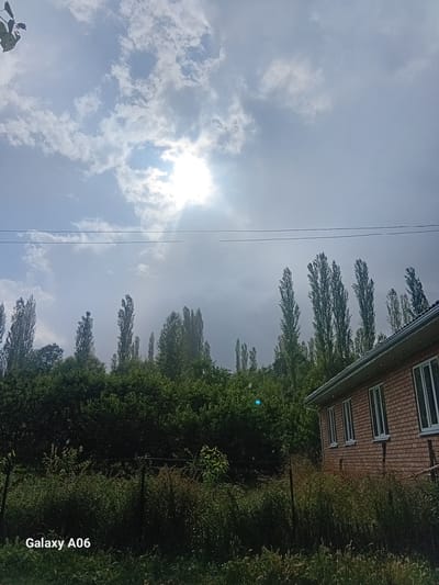 This is a vertically oriented, slightly blurred image taken outdoors. The foreground features lush green trees and foliage, with a brick building visible in the upper right quadrant. The building has several windows with light-colored frames.
The sky dominates the left side of the image and is filled with white, puffy clouds. The sun is partially visible, peeking through the clouds, suggesting it is daytime. A bright light flares from the sun. There are two thin, dark, diagonal lines that appear to be power lines running across the sky. A small portion of a leaf or plant is visible in the bottom left corner.
The scene appears to be a residential or rural area, possibly a yard or garden adjacent to a house. The overall impression is one of a bright, possibly sunny day with some cloud cover. The image is watermarked with "Galaxy A06" in the lower right corner.