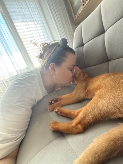 In this close-up, vertically oriented image, a young person and an orange cat are shown in a tender moment on a tufted gray sofa. The person, viewed from the side, is wearing a white t-shirt and a gray fuzzy headband. Their eyes are closed, and they appear to be nuzzling or kissing the cat, who is also close to their face. The cat, with its orange fur and delicate paws, is resting its head near the person's cheek. The background features a bright window with white vertical blinds, suggesting it is daytime. The soft lighting and the intimate interaction between the person and the cat convey a sense of warmth and affection. The setting appears to be a domestic indoor space.