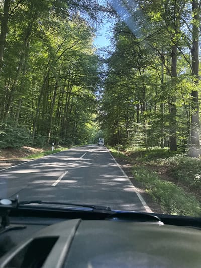 The image shows a view from inside a vehicle looking out at a road going through a forest. The road is paved and has white markings. There are trees on both sides of the road, forming a canopy overhead. Sunlight filters through the leaves, casting shadows on the road. In the distance, there are two vehicles on the road, a car and a larger vehicle, possibly a van or truck. The scene appears to be a rural area in Germany, given the road markings and the presence of forest. The time of day appears to be daytime, with bright sunlight. The image quality is good, and the details are clear. The location is identified as Volpertshausen, Germany.